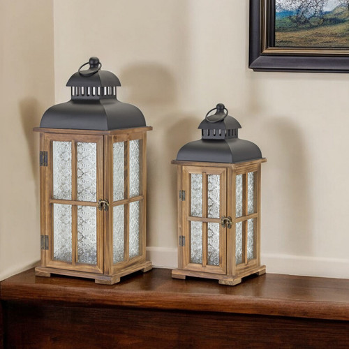 Set of Two Brown and Black Frosted Glass Wood and Metal Floor Lantern Candle Holders N270-517615