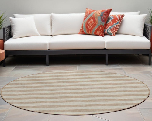 8' Round Beige Round Striped Washable Non Skid Indoor Outdoor Area Rug N270-561037