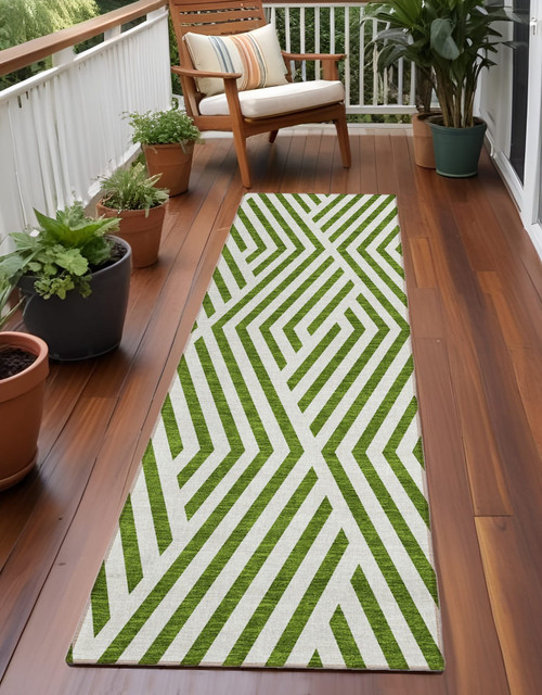 8' Runner Lime Green and White Geometric Washable Non Skid Indoor Outdoor Runner Rug N270-562336