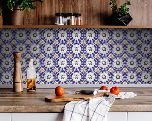 8" X 8" Blue White and Gold Mosaic Removable Tiles N270-399834