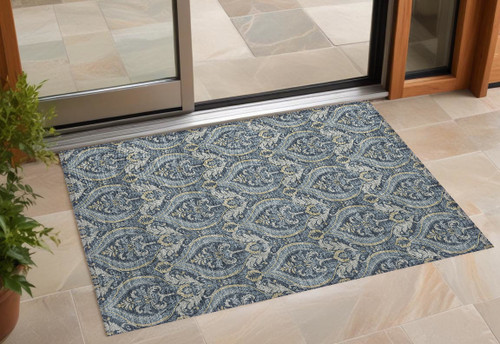 3' X 5' Blue and Cream Damask Washable Non Skid Indoor Outdoor Area Rug N270-563865