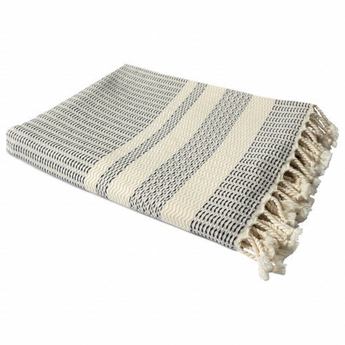 50" X 60" Blue and White Woven Cotton Striped Throw Blanket with Fringe N270-516509