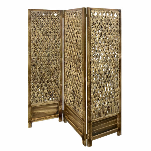 Casual Wood And Seagrass Three Panel Room Divider Screen N270-348673