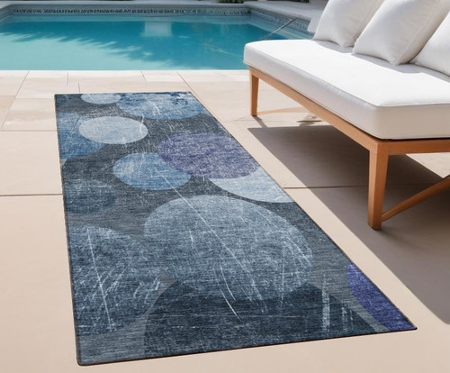 2' X 8' Gray and Blue Abstract Washable Non Skid Indoor Outdoor Runner Rug N270-562900