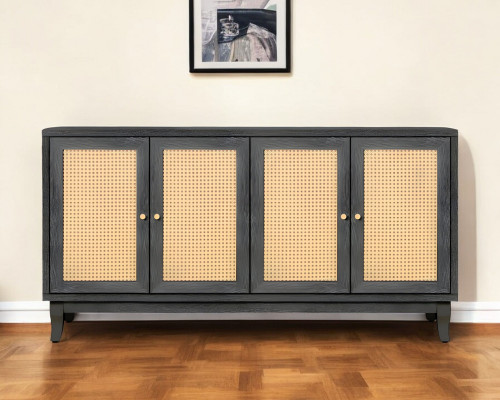 65" Charcoal and Natural Wood and Rattan Sideboard with Four Doors N270-568409