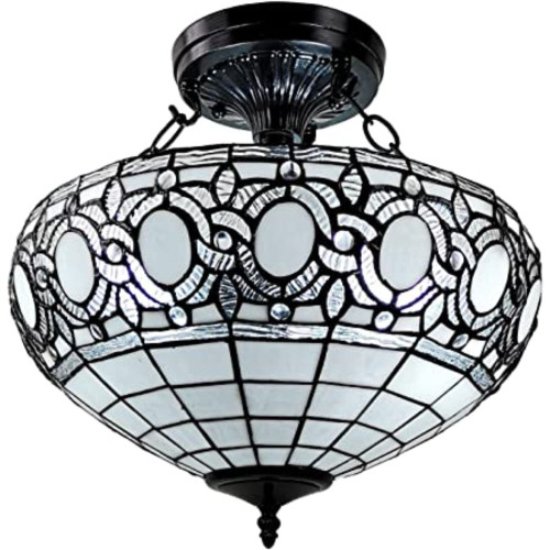 Blue and Black Tiffany Style Two Light Glass Dimmable Semi Flush Ceiling Light N270-478315
