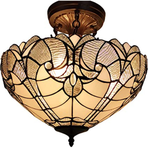 Yellow and Brown Two Light Tiffany Style Semi Flush Dimmable Ceiling Light N270-478313