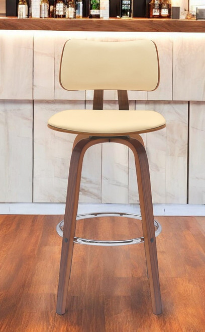 30" Cream And Wood Brown Faux Leather Swivel Low Back Bar Height Bar Chair N270-534436