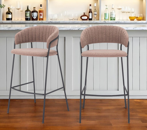 Set of Two 30" Brown and Black Shearling and Steel Low Back Bar Height Bar Chairs N270-555743