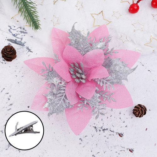 Color: Orange - Glitter Artificial Christmas Flowers Fabric Fake Flower Xmas Tree Ornaments Festiva F640-12000035248570513
