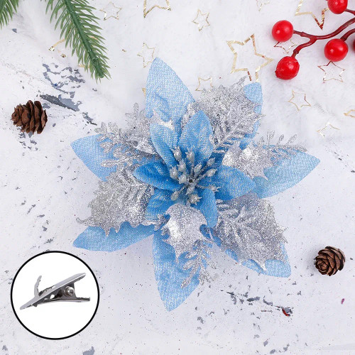 Color: green - Glitter Artificial Christmas Flowers Fabric Fake Flower Xmas Tree Ornaments Festival F640-12000035248570512
