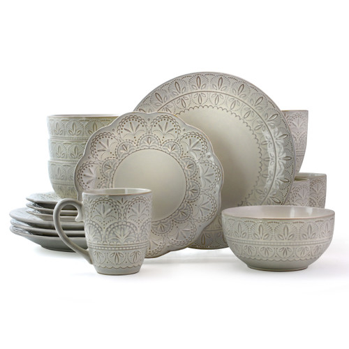 Elama White Lace 16 Piece Luxurious Stoneware Dinnerware with Complete Setting for 4 D970-EL-WHITELACE16