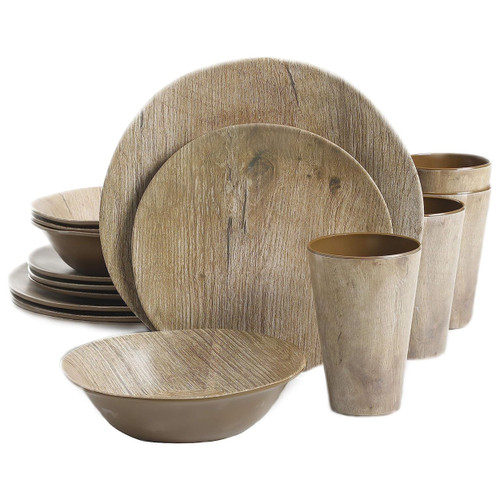 Gibson Elite Woodlands 16 Piece Melamine Wood Grain Decal Dinnerware Set D970-99899.16R