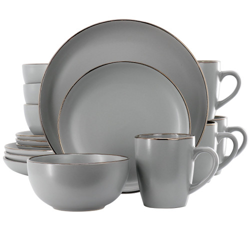 Gibson Home Rockaway 16 Piece Stoneware Gold Rimmed Dinnerware Set in Grey D970-127317.16R