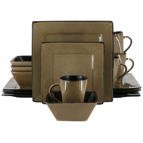 Gibson Elite Kiesling 16 Piece Hard Square Stoneware Dinnerware Set in Taupe and Black D970-101979.16RM
