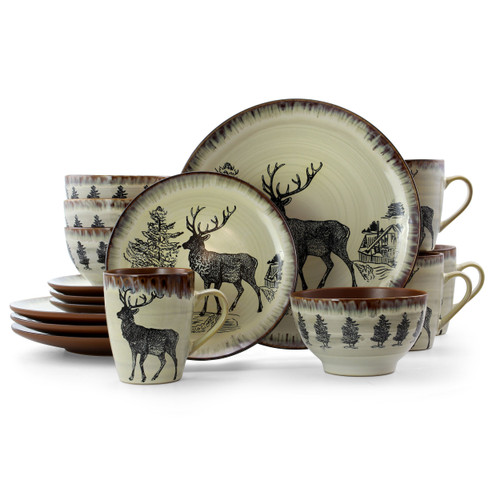 Elama Majestic Elk 16 Piece Luxurious Stoneware Dinnerware with Complete Setting for 4 D970-EL-MAJESTICELK16