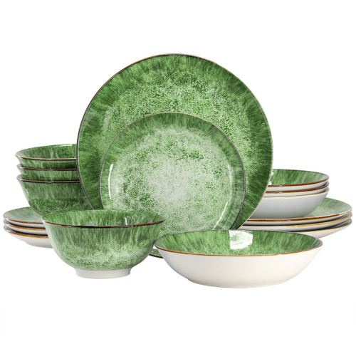 Elama Oceanus 16 Piece Porcelain Double Bowl Dinnerware Set in Green D970-ELM-OCEANUS-G-16