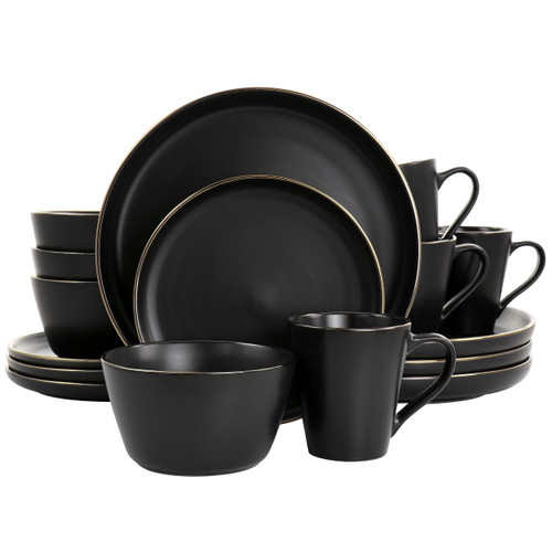Elama Paul 16 Piece Stoneware Dinnerware Set in Matte Black with Gold Rim D970-ELM-PAUL16