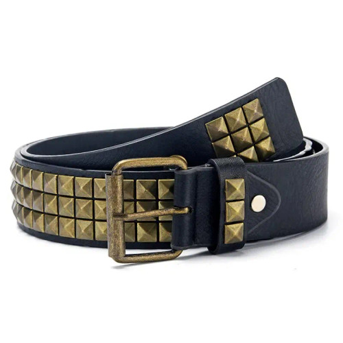 Color: army green, Belt Length: 110cm - Fashion New Square Bead Rivet Belt Metal Pyramid Belt Men a F640-12000035799157589