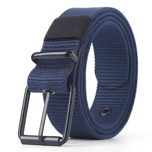 Color: Navy Blue, Belt Length: 120cm - Men's Belt Porous Canvas Pin Buckle Leather Belt Outdoor Spo F640-12000044551842377