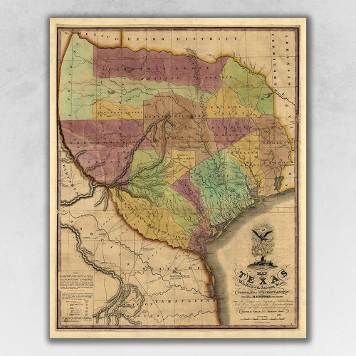 24" X 30" Texas And Surroundings C1837 Vintage Map Poster Wall Art N270-391968