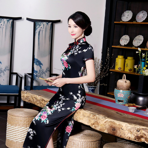 Color: Black, Size: M - Improved cheongsam skirt in spring and summer Q119-CJNSSYLY12366-Black-M