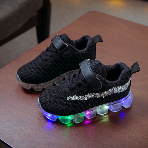 Color: Black, Size: 28 - Girls' Soft-soled LED Lighting Crystal Shoes Q119-CJWJXDNY00741-Black-28