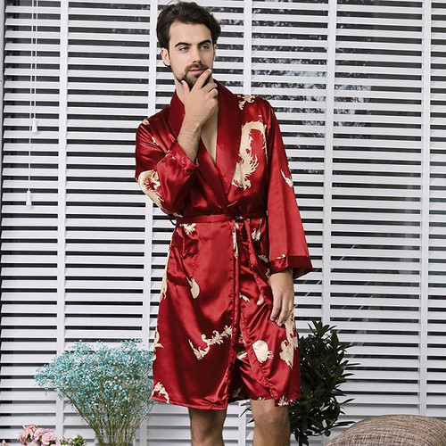 Color: Red, Size: XL - Men's simulation silk long sleeve nightgown Q119-CJNSNYZP00029-Red-XL