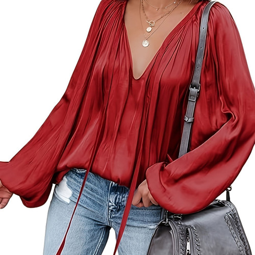 Color: Red, Size: L - Women's Satin V-neck Long Sleeve Shirt Leisure Bloomers Q119-CJYD243678143QJ