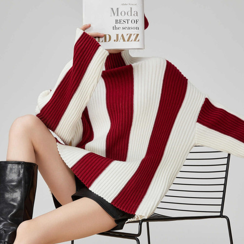 Contrast Color Pit Striped Turtleneck Sweater Q119-CJMY2307726