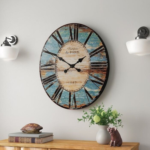 Turquoise Oversized Distressed Paris Wood Wall Clock Q280-TURCLP1887