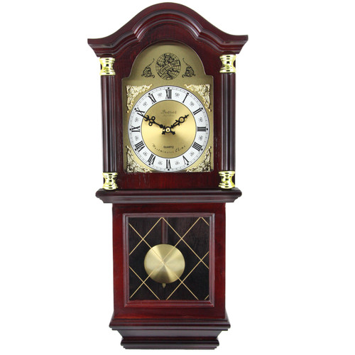 Bedford Clock Collection 26 Inch Chiming Pendulum Wall Clock in Antique Mahogany Cherry Oak Finish D970-BED-7071