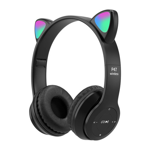 P47 Kids Headphones With Cat Ear RGB Led Light Up Foldable Over-Ear Headphones With AUX 3.5mm Wirel K484-PEL_0QJ67EFT