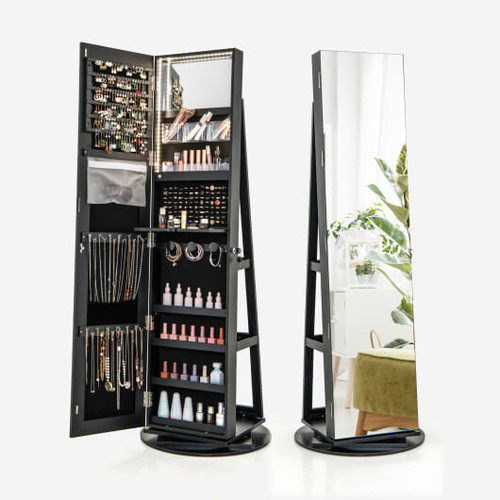 360?° Rotating Mirrored Jewelry Cabinet Armoire 3 Color LED Modes Lockable-Black - Color: Black D681-JV10430DK