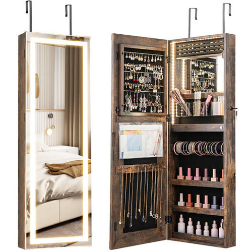 42.5 Inches Lockable Jewelry Mirror Wall Cabinet with 3-Color LED Lights-Rustic Brown - Color: Rust D681-JV11171US-CF