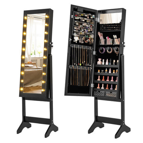 Mirror Jewelry Cabinet with 20 Warm Lights and 4 Tilt Angles-Black - Color: Black D681-JV12034BK