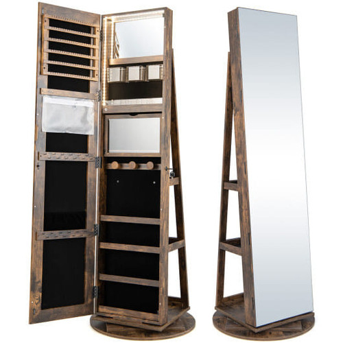 360?° Rotating Mirrored Jewelry Cabinet Armoire 3 Color LED Modes Lockable-Brown - Color: Brown D681-JV10430CF