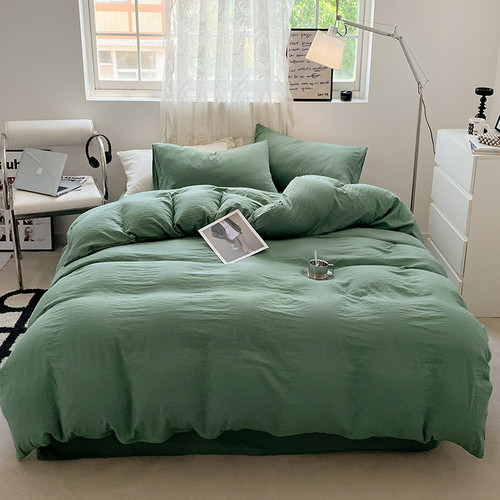 Color: Fresh Green, Size: 1.5m 4PCs Quilt Cover 180x220 - Solid Color Super Soft Washed Cotton Bed  Q119-CJCS244183171SH