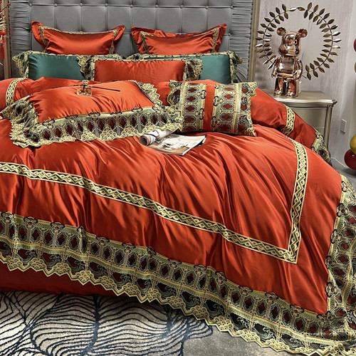 Pattern: Orange Bed Sheet, Size Specification: 7Pieces set 1.5M - Luxury High Precision Brocade Sil Q119-CJYD199984306FU