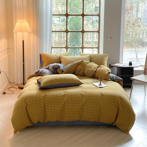 Color: Lemon Yellow, Size: 1.8m enlarged fitted sheet - Houndstooth Cotton Double-layer Yarn Four-p Q119-CJCS245969225YB