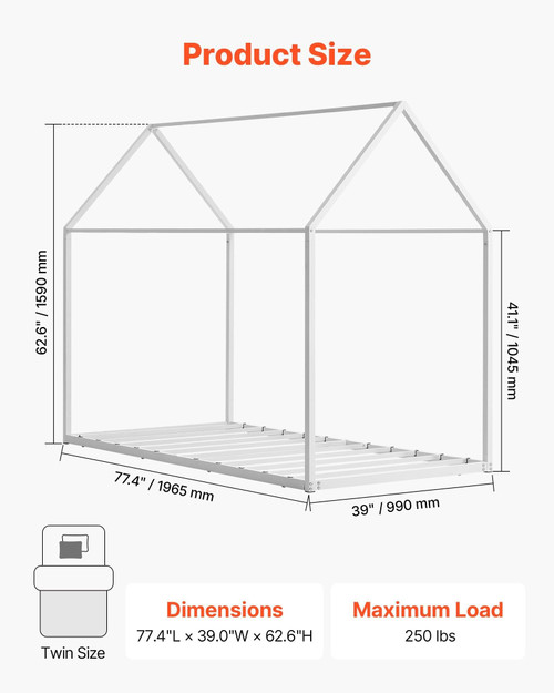  Twin Size House Bed Frame, Metal Kids Floor Bed Frame with Roof, Heavy Duty Steel Slats Support, H E415-HGCBSJSFWZXTNGK21001V0