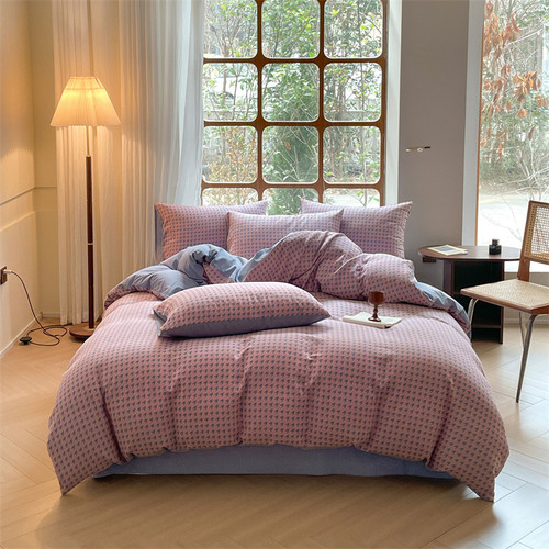 Color: Cameo Brown Pink, Size: 1.8m fitted sheet - Houndstooth Cotton Double-layer Yarn Four-piece  Q119-CJCS245969208HS