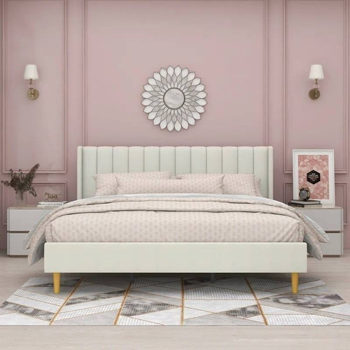 King Mid-Century Platform Bed Frame with Cream Velvet Upholstered Headboard Q280-KNGCVELPB24987436