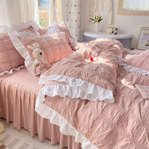 Color: Bean Paste, Size: 2M Bed Skirt - Solid Color Four-piece Quilt Cover Bed Skirt Bedding Set Q119-CJCS153282609IR