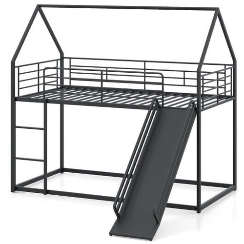 House-shaped Metal Twin Over Twin Low Bunk Bed-Black - Color: Black - Size: Twin Size D681-HU11148US-TDK