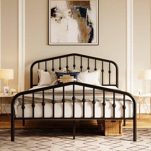 King Farmhouse Spindle Black Metal Platform Bed Frame with Headboard Footboard Q280-KGBIA56778