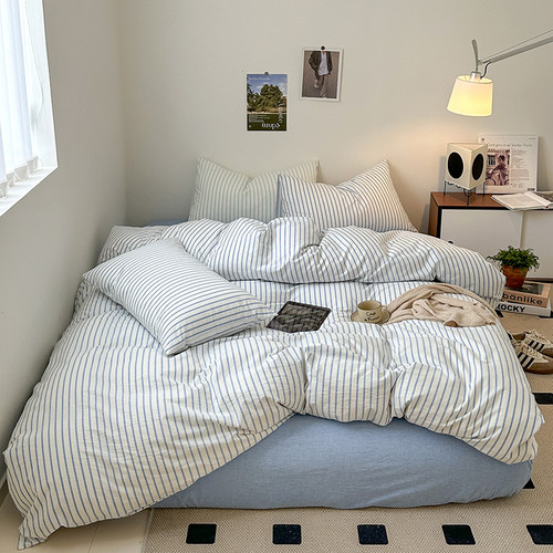 Pattern: Blue Gray Stripe, Size: 1.8m Bed Sheet - Cotton Yarn-dyed Washed Cotton Four-piece Set Ful Q119-CJCS188210209IR