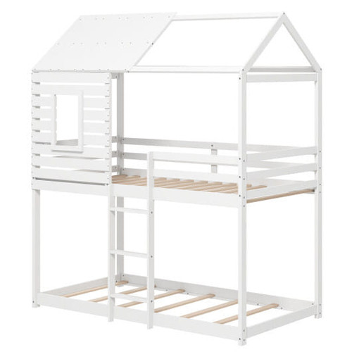 Twin over Twin House Bunk Bed with Roof and Full-length Guardrails-White - Color: White - Size: Twi D681-HU11000WHT+
