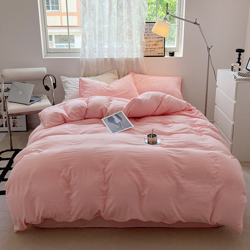 Color: Elegant Pink, Size: 1.5m 4PCs Quilt Cover 180x220 - Solid Color Super Soft Washed Cotton Bed Q119-CJCS244183176XC