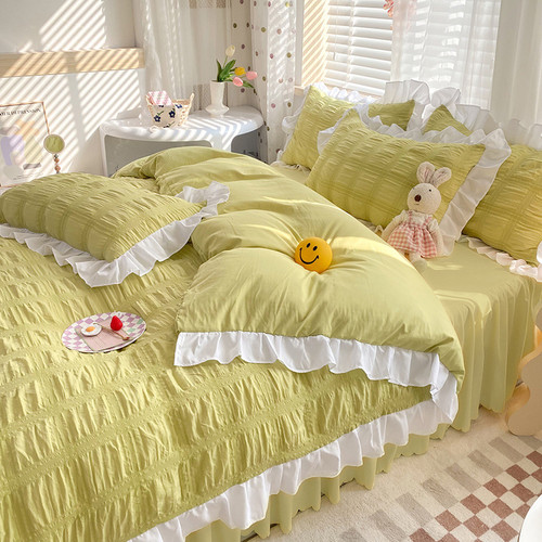 Color: Green, Size: 2M Bed Sheet - Solid Color Four-piece Quilt Cover Bed Skirt Bedding Set Q119-CJCS153282614NM